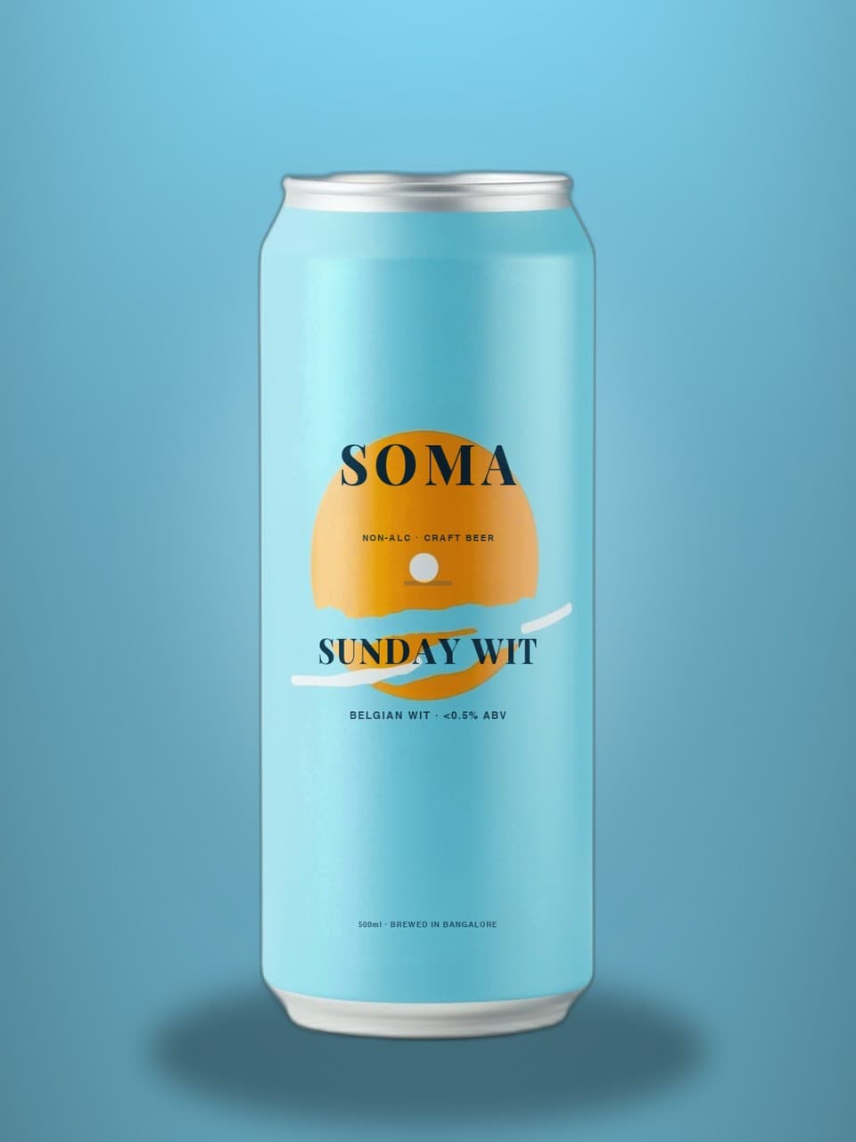 SOMA Belgian Wit 500ml can on a powder-blue backdrop with orange peel
