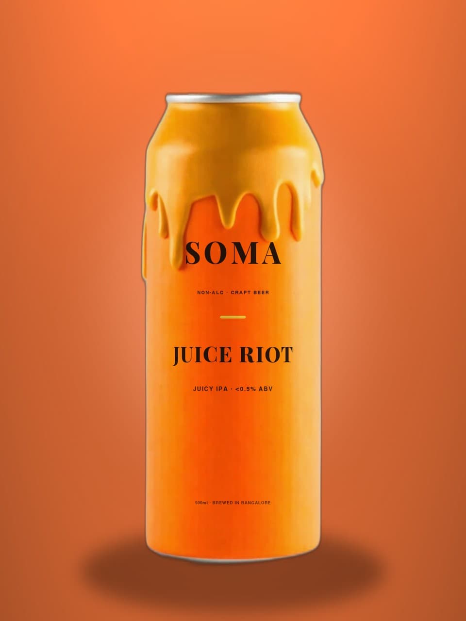 SOMA IPA 500ml can on a hot orange backdrop with mango and passionfruit