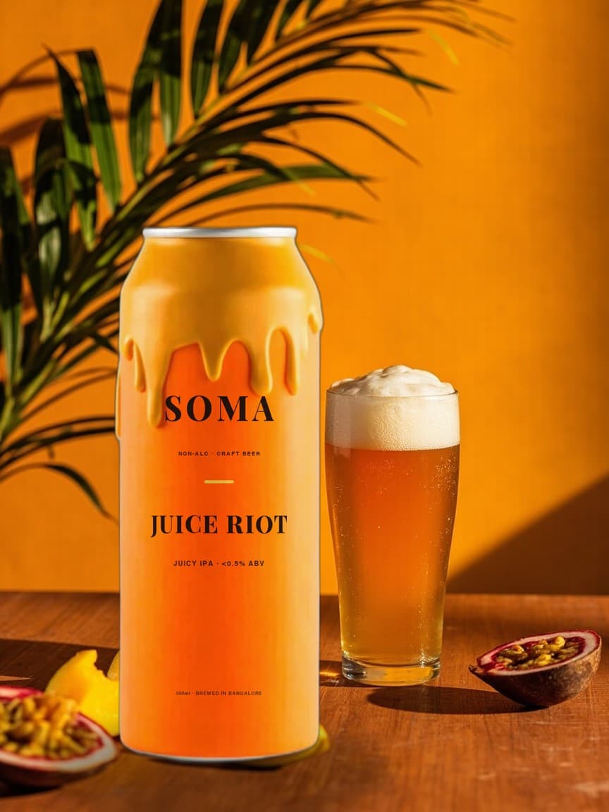 SOMA IPA can with a hazy golden pour among tropical leaves and citrus