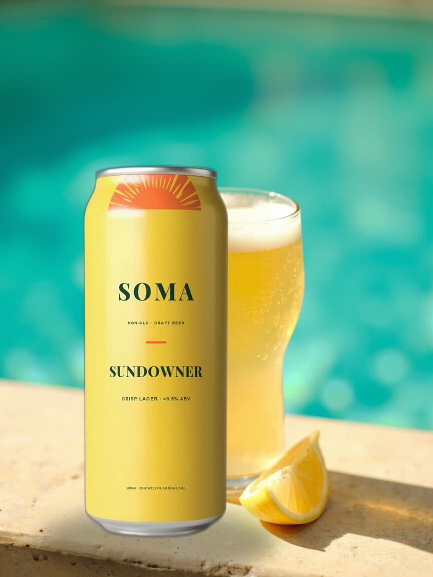 SOMA Lager can poolside next to a frosted glass of pale golden lager