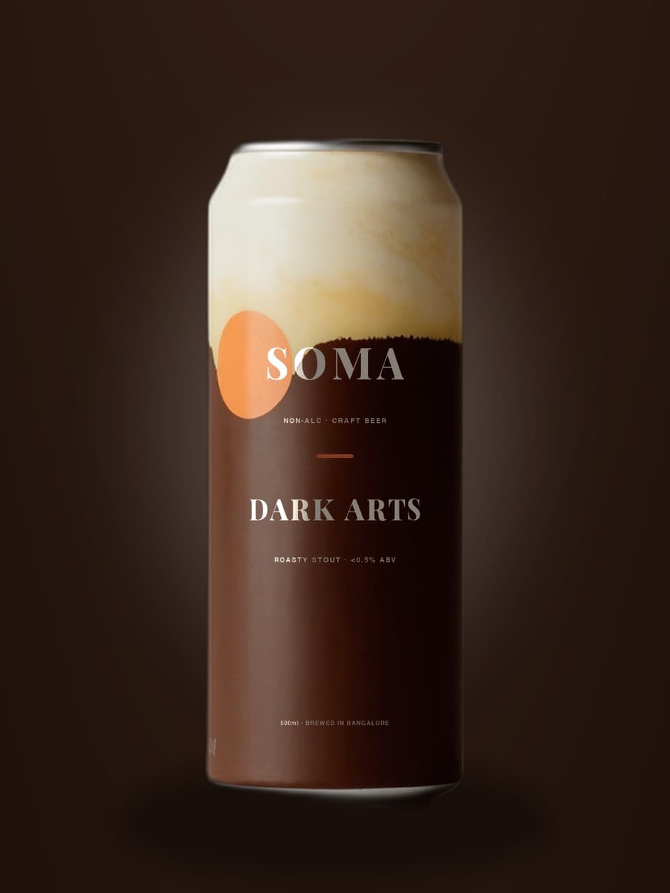 SOMA Stout 500ml can on a cream backdrop with coffee beans and dark chocolate