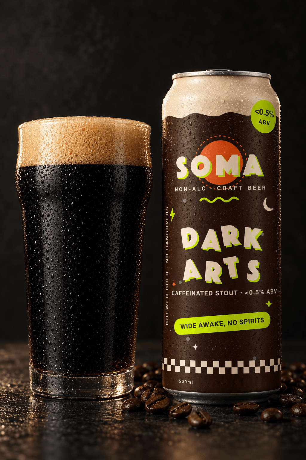 SOMA Dark Arts Espresso caffeinated stout — a pint of jet-black stout with a creamy tan head beside the can, coffee beans at its base