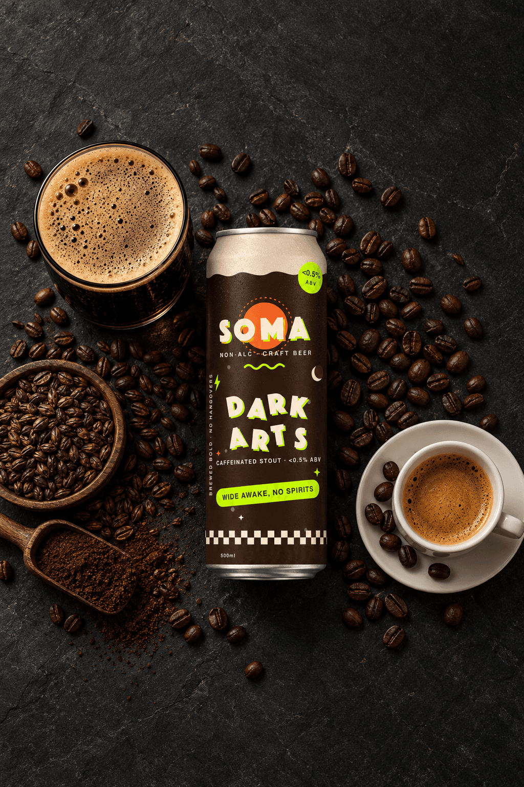 Flat-lay of coffee beans, an espresso, ground coffee and roasted barley around the SOMA Dark Arts Espresso can
